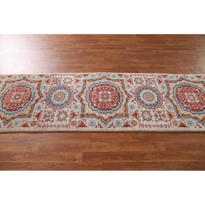 Geometric Beige Kazak Runner Rug Hand-knotted Wool Carpet - 2'6"x 7'10"