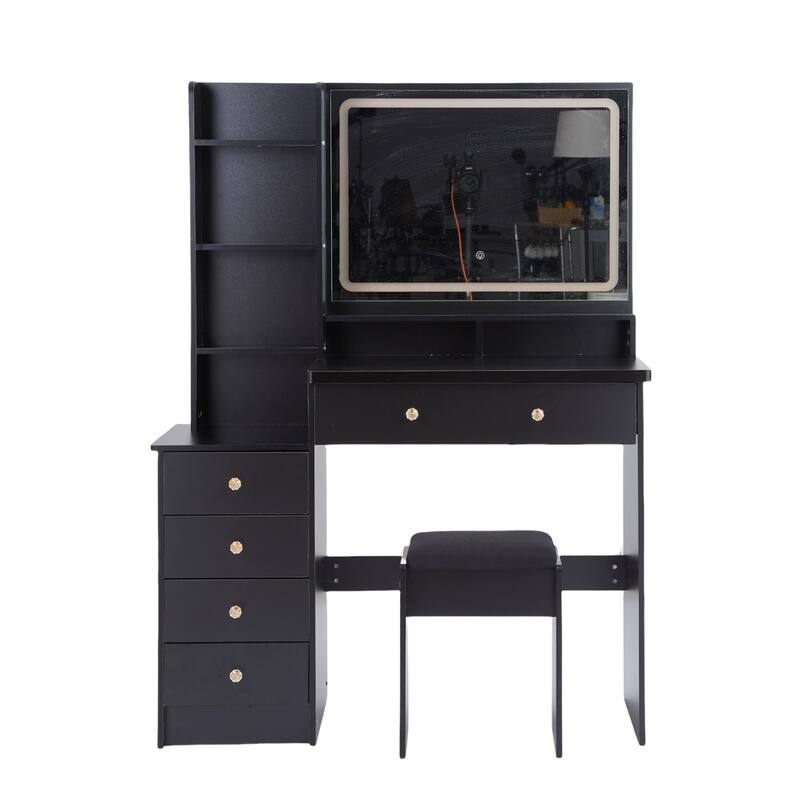 41" Large Vanity Set with 3-Color LED Mirror and Cushioned Stool - Black