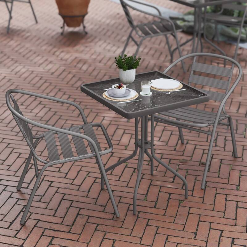 23.5" Square Glass Metal Table with 2 Metal Aluminum Slat Stack Chairs