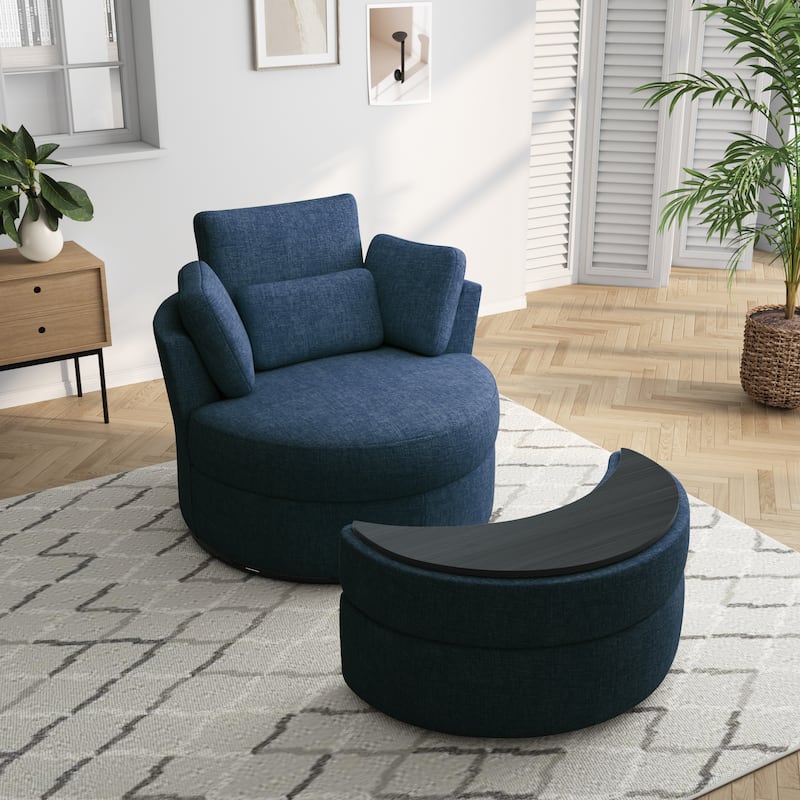 Upholstered Swivel Accent Chair with Wooden Tray Storage Ottoman