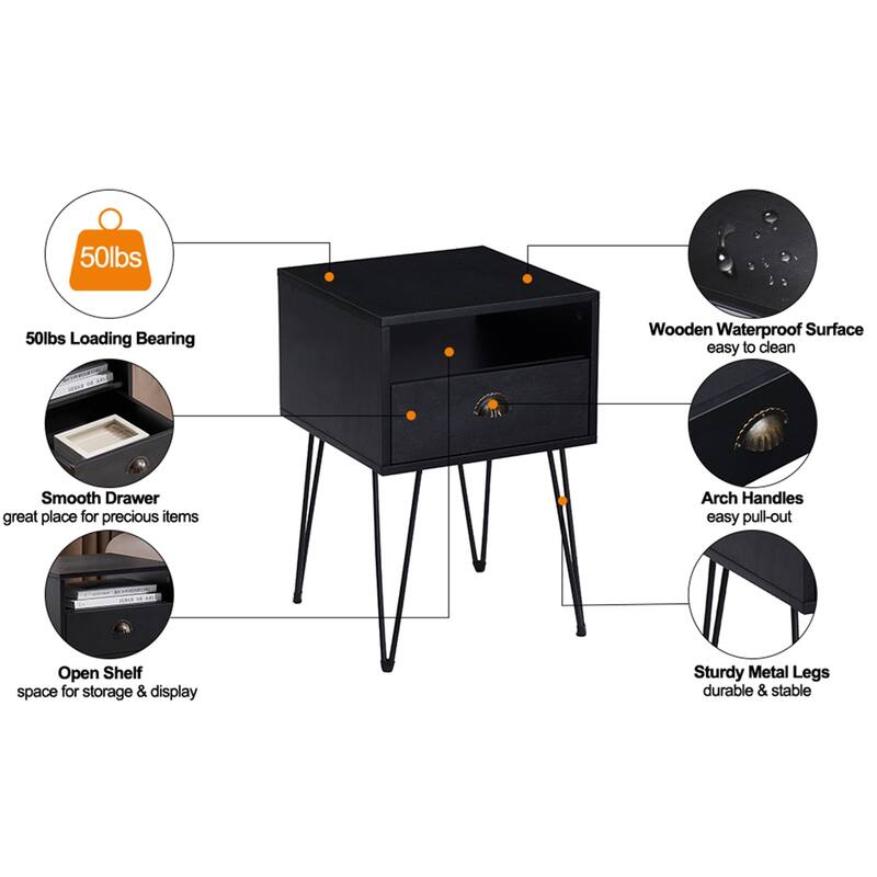 Javlergo Set of 2 Nightstand with Open Compartment & Drawer V-Shaped Metal Legs for Bedroom Living Room