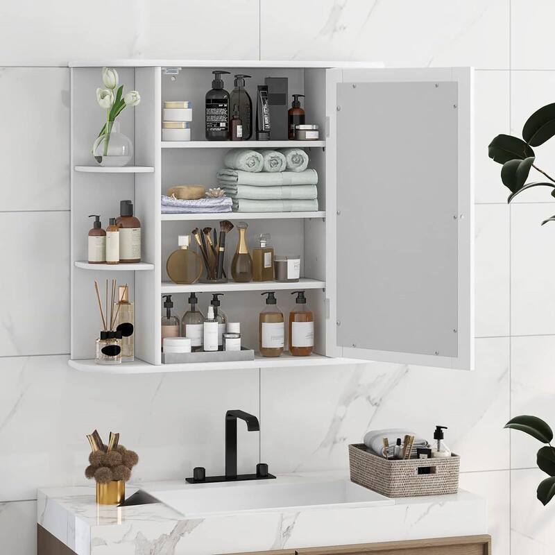 White Engineered Wood Wall Mount Bathroom Medicine Cabinet with 10 Shelves - 26" x 6.5" x 25" (L x W x H)