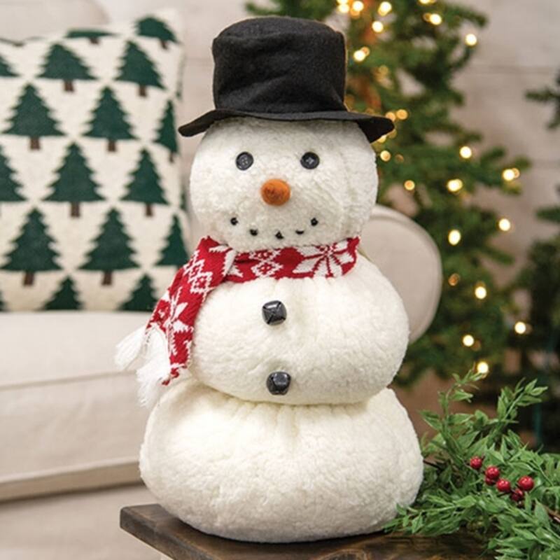 Sherpa Snowman Plush in Top Hat and Scarf Winter Decoration - 9" x 9" x 15"