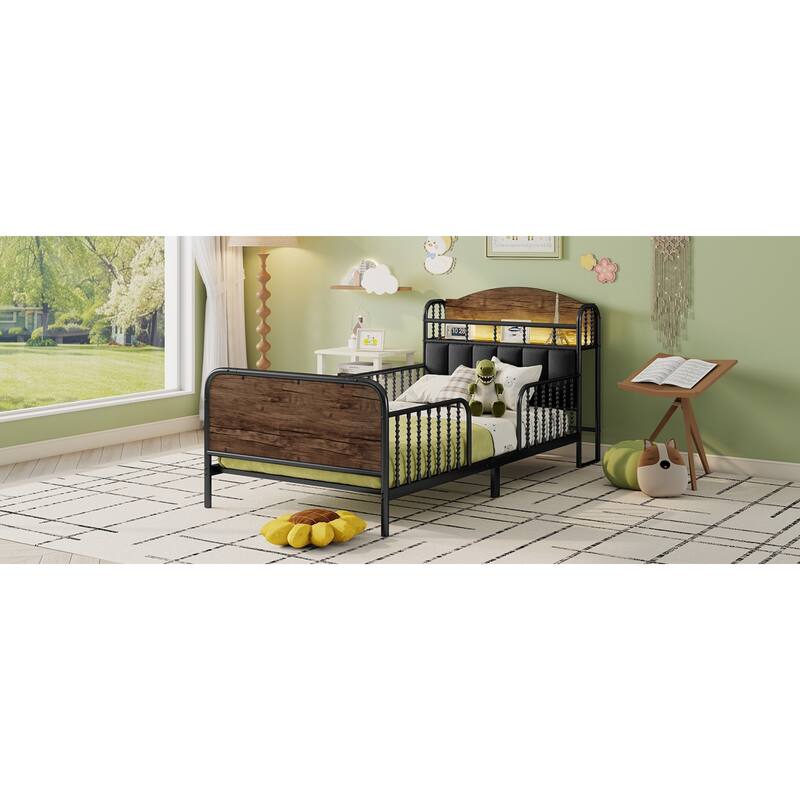 Roomfitters Twin/Full Metal Platform Bed, LED Storage Headboard and Guardrails with Metal Frame for Bedroom or Guest Room