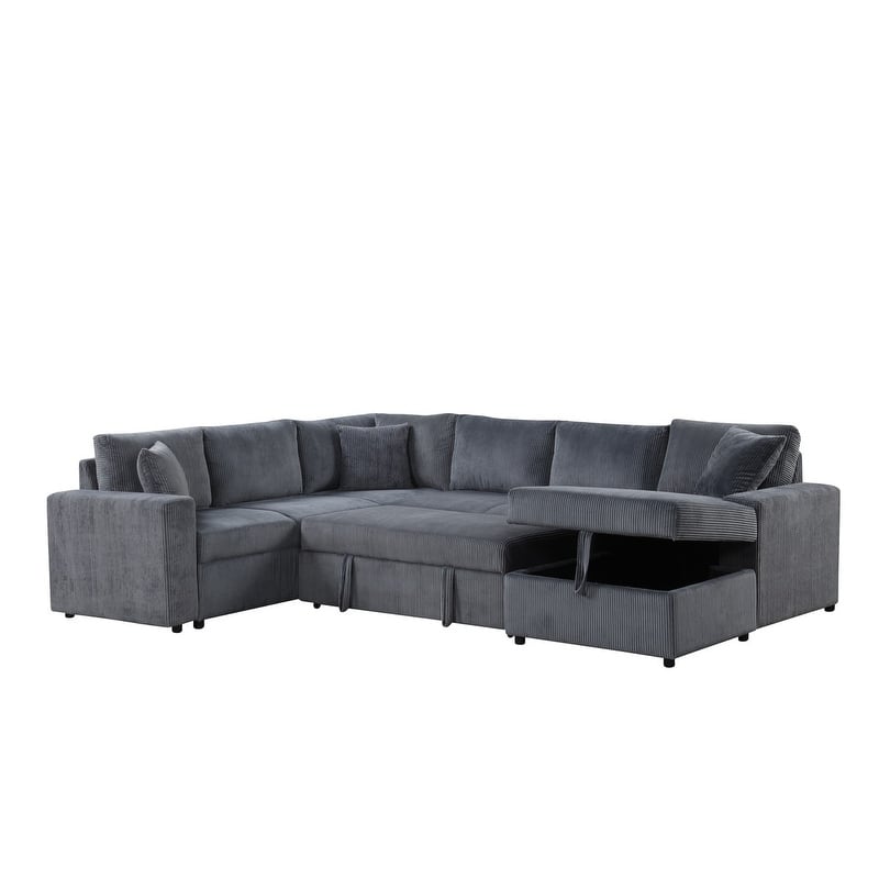 Ruxley 123"W Corduroy Sleeper Sectional Sofa with Right-Facing Storage Chaise and Throw Pillows