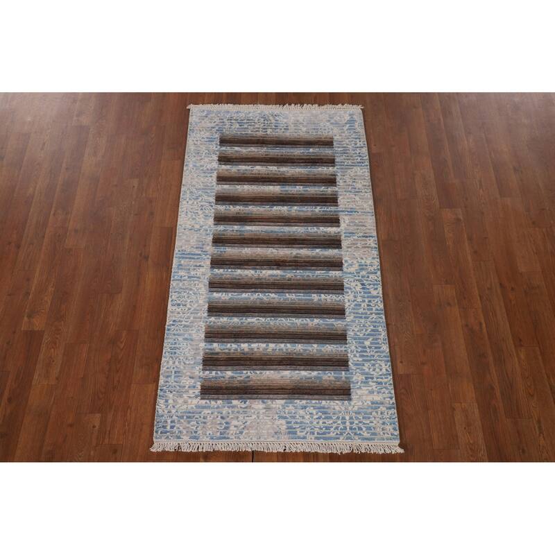 Multi-Color Striped Abstract Modern Accent Rug Handmade Wool Carpet - 2'8"x 4'10"