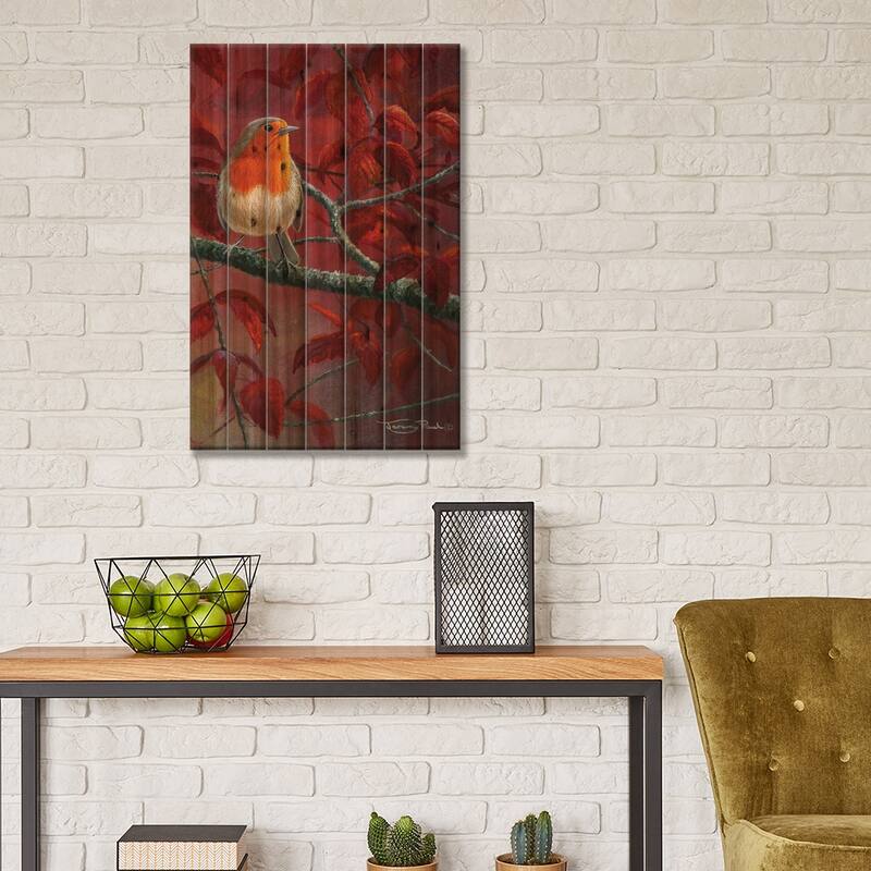 Red Leaves - Robin Print On Wood by Jeremy Paul - Multi-Color
