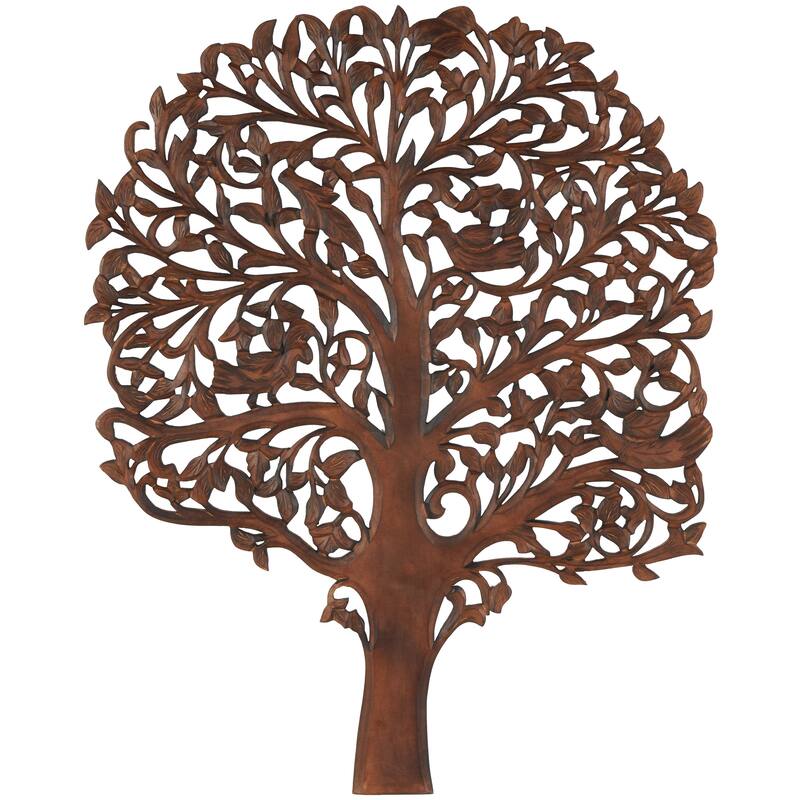 Brown Wooden Carved Tree Home Wall Decor with Animal Accents