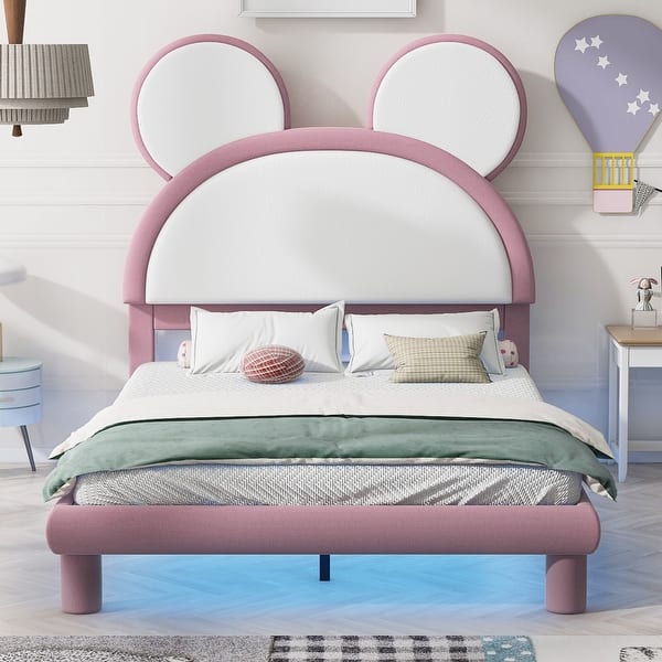 slide 2 of 17, Upholstered Platform Bed with Cartoon Ears Shaped Headboard and LED