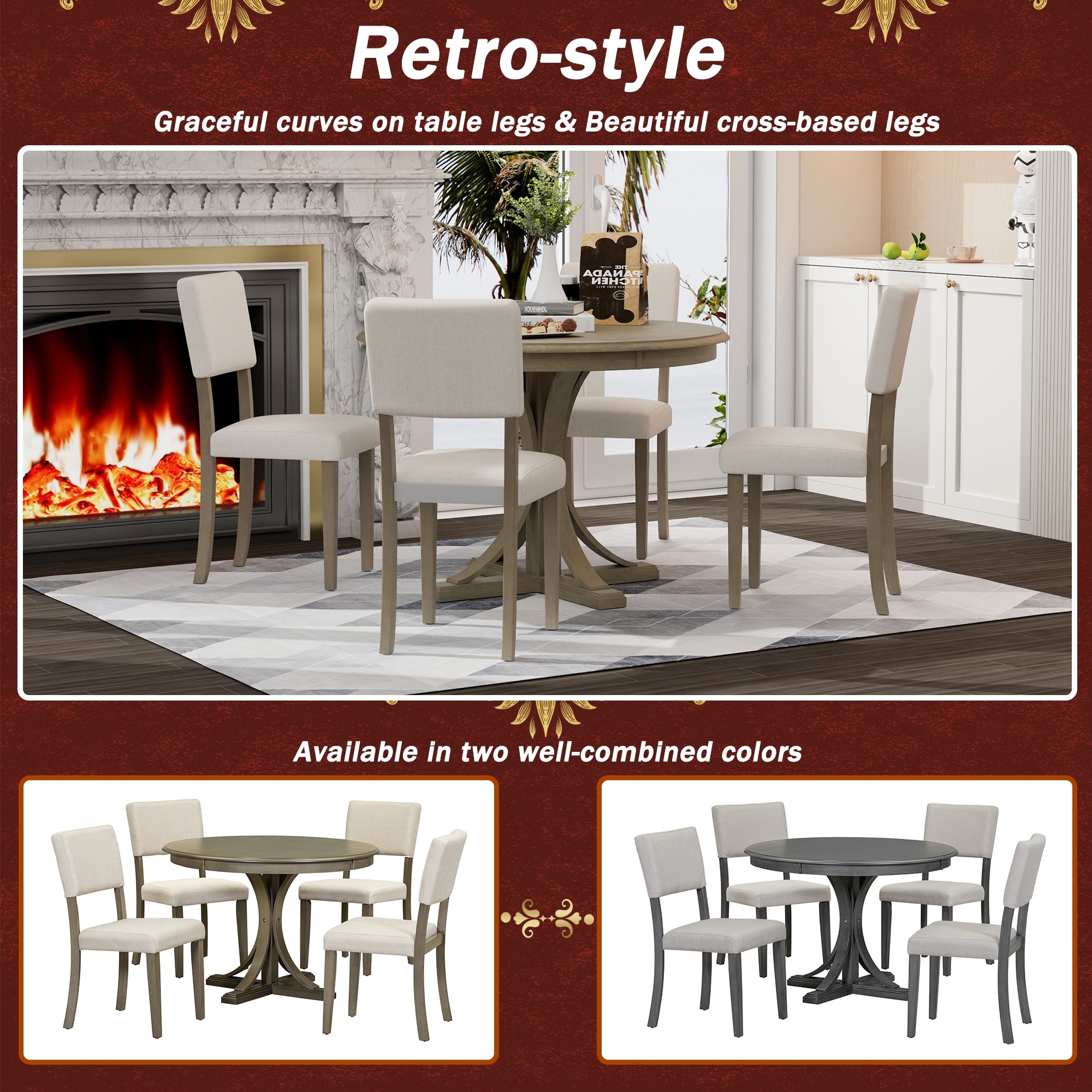 5 Piece Retro Round Dining Table Set with 4 Upholstered Dining Chairs for Dining Room Classic Dining Set