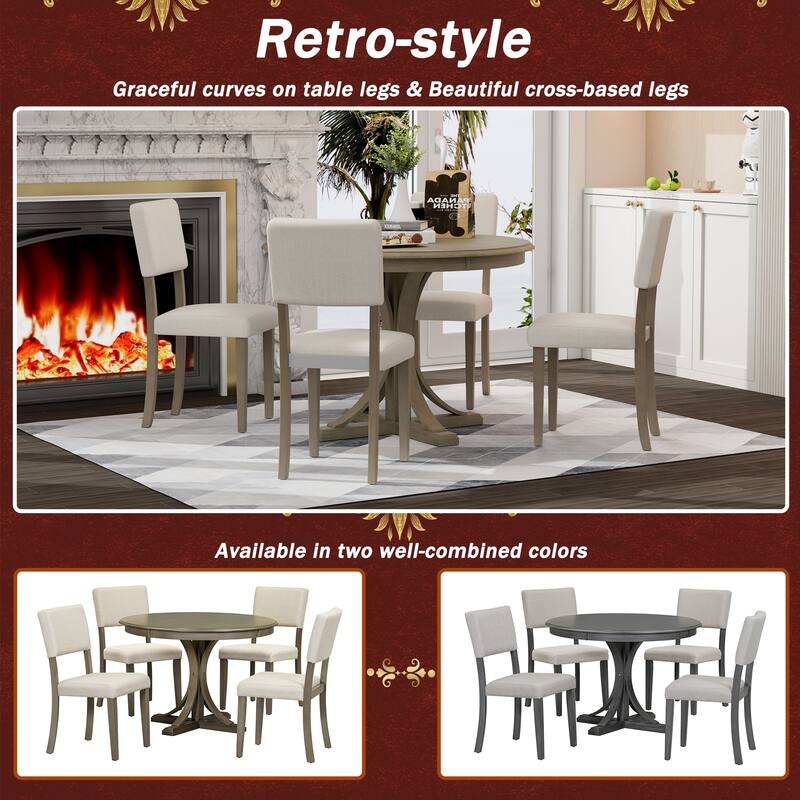 Round Dining Table with Curved Trestle Legs, 5-Piece Dining Table and Chairs Set, Four Upholstered Chairs