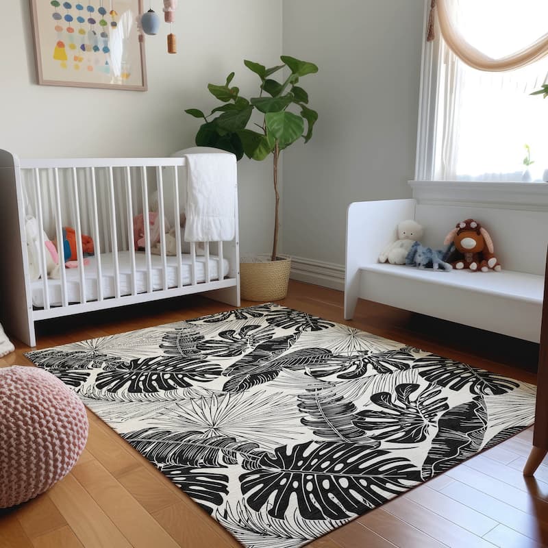 Premium Washable Super Soft Tropical Palm Leaf Mayfield Rug - Black - 2' 6" x 3' 10" - Rectangle