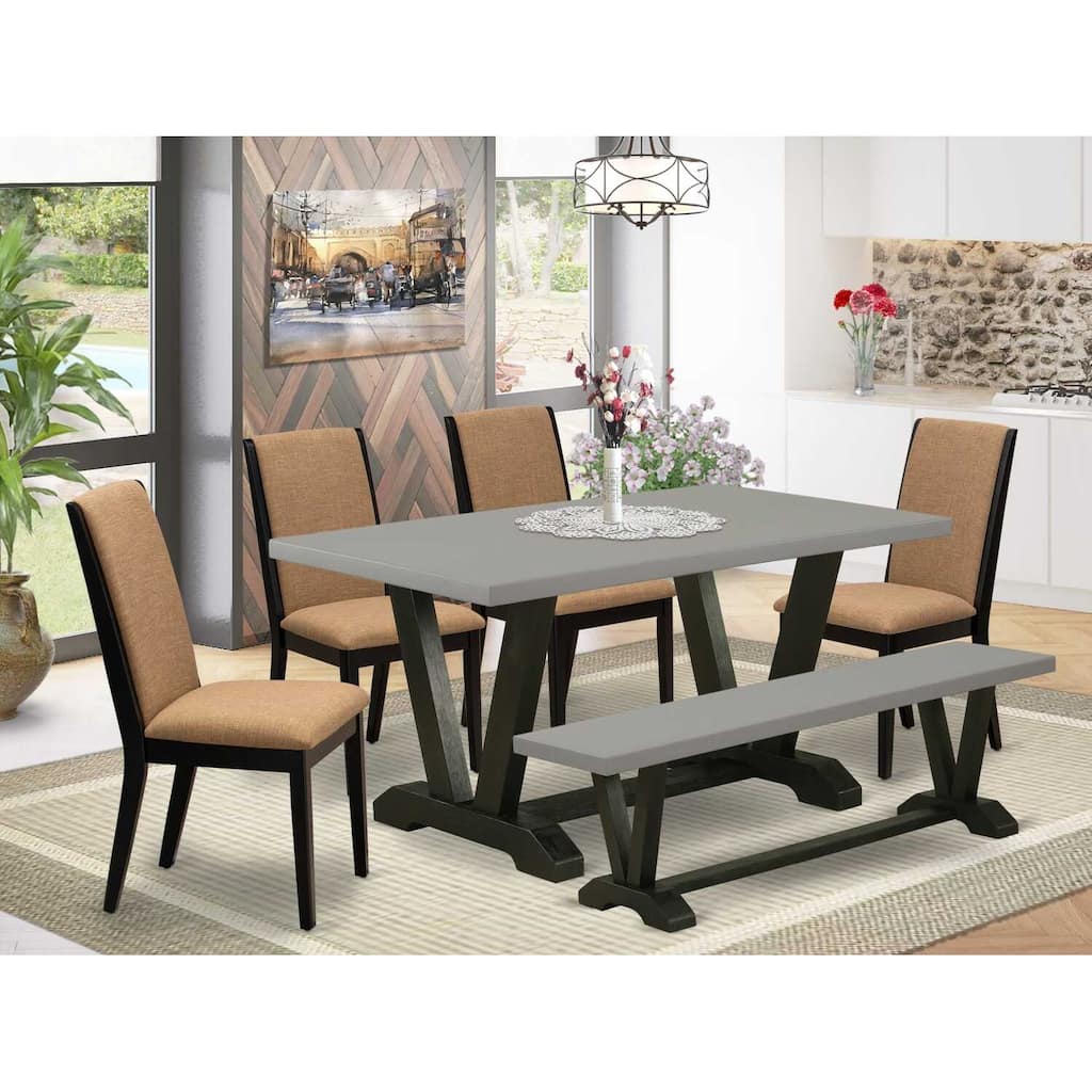 HomeStock 6-Piece Rectangle Natural Oak Finish Solid Wood Top dining Table with 1-Bench and 4-Chairs