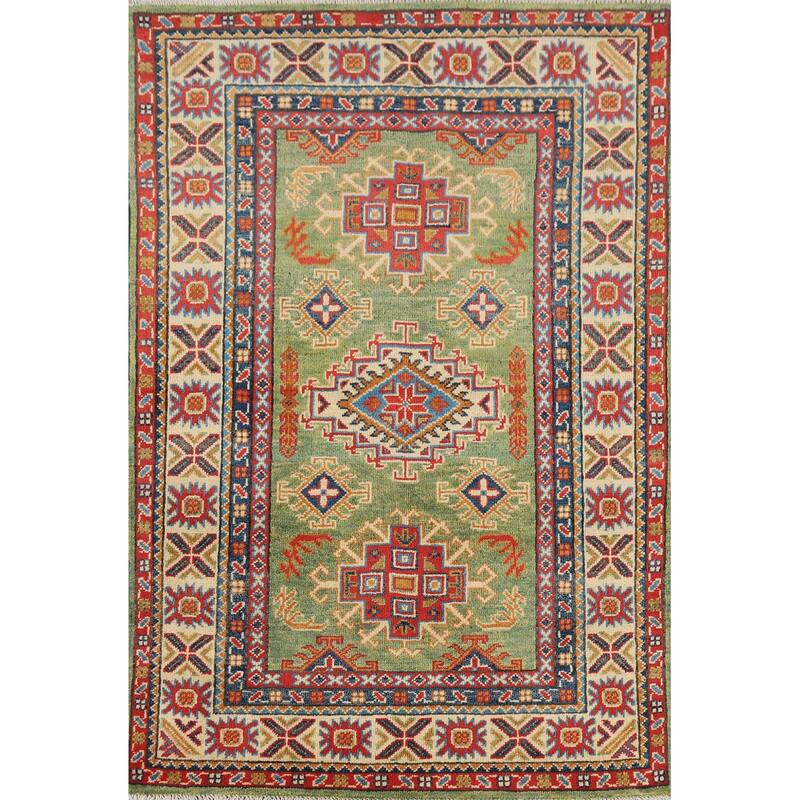 Light Green Kazak Oriental Accent Rug Handmade Wool Carpet - 3'2" x 4'11"