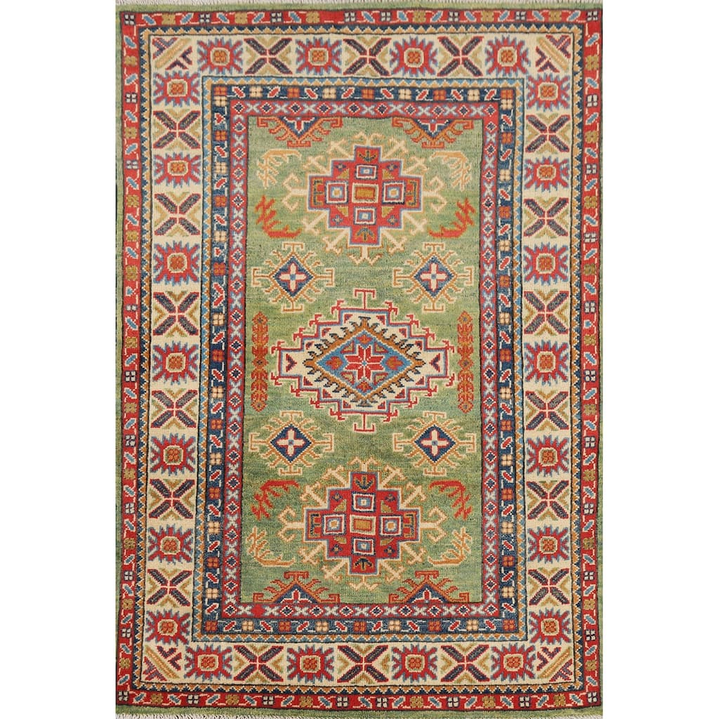 Light Green Kazak Oriental Accent Rug Handmade Wool Carpet - 3'2" x 4'11"