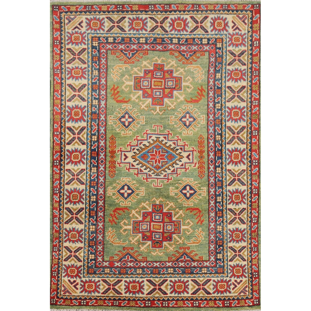 Light Green Kazak Oriental Accent Rug Handmade Wool Carpet - 3'2" x 4'11"