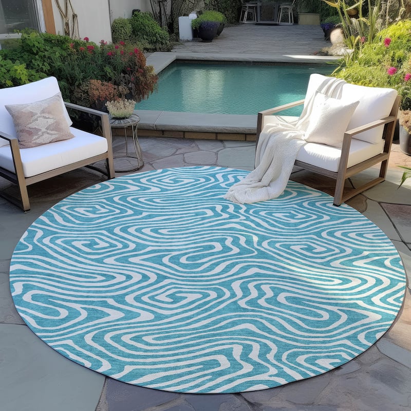 Machine Washable Indoor/ Outdoor Abstract Modern Chantille Rug - Teal - 8' x 8'