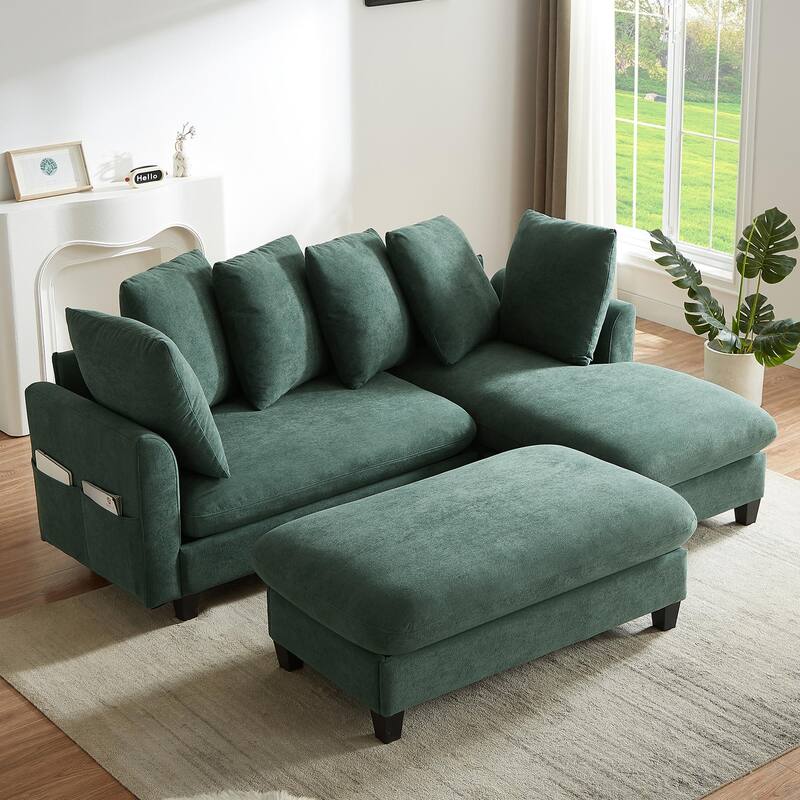 Chenille Sectional Sofa L-shaped Sofa with Movable Ottoman, Upholstered Sectional Sofa with 6 Throw Pillows, Bottom storage