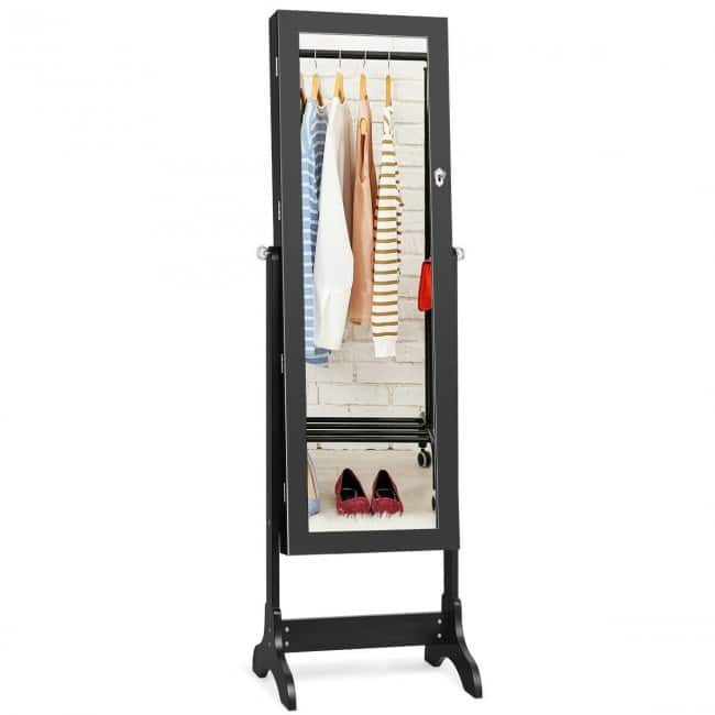 Lockable Mirrored Jewelry Cabinet Armoire Storage Organizer Box-Black - 18'' x 14.5'' x 61.5'' (L x W x H)