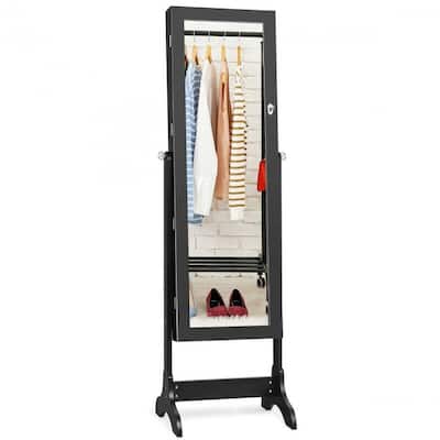 Lockable Mirrored Jewelry Cabinet Armoire Storage Organizer Box-Black - 18'' x 14.5'' x 61.5'' (L x W x H)