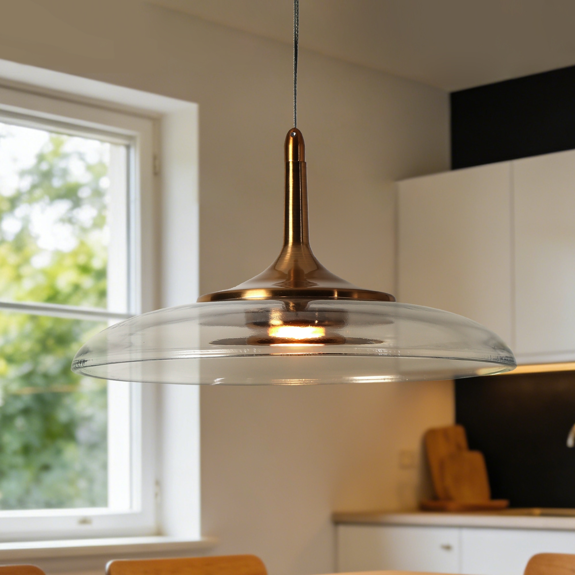LALUZ Modern LED Gold 1-Light 12.2" W Glass Pendant Light for Kitchen Island Dining Room - D 12.2" x H 7"