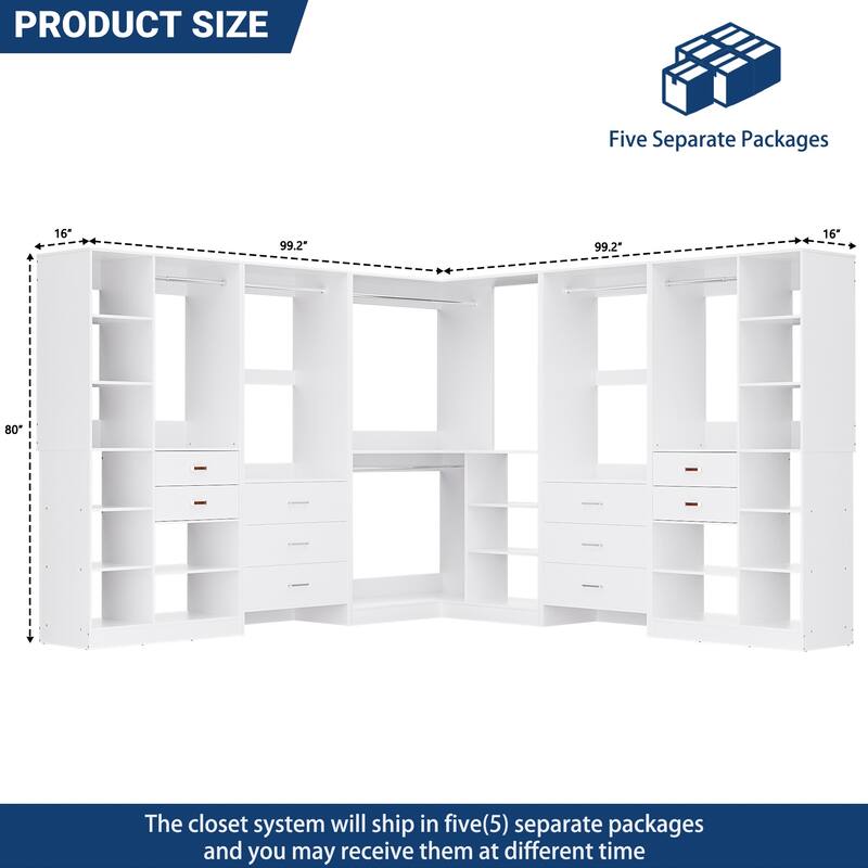 Rackcog Set of 5 Large Closet System with Drawers, Coner Closet Organizers with Hanging Rods and Shelves