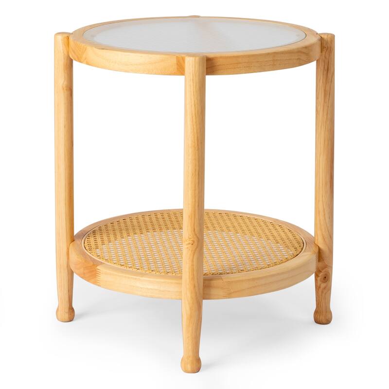 Rubberwood Coffee Table with Tempered Glass and Rattan - 19.7 x 19.7 x 23.2 in