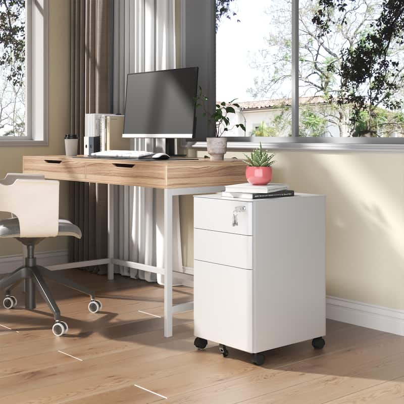 Modern 3-Drawer Mobile Filing Cabinet with 2 Locking Wheels and Anti-Tipping Device, for Office and Home Use, White
