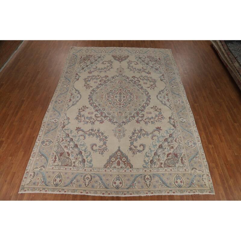 Medallion Tabriz Persian Rug Beige Hand-Knotted Wool Carpet - 9'6"x 13'3"