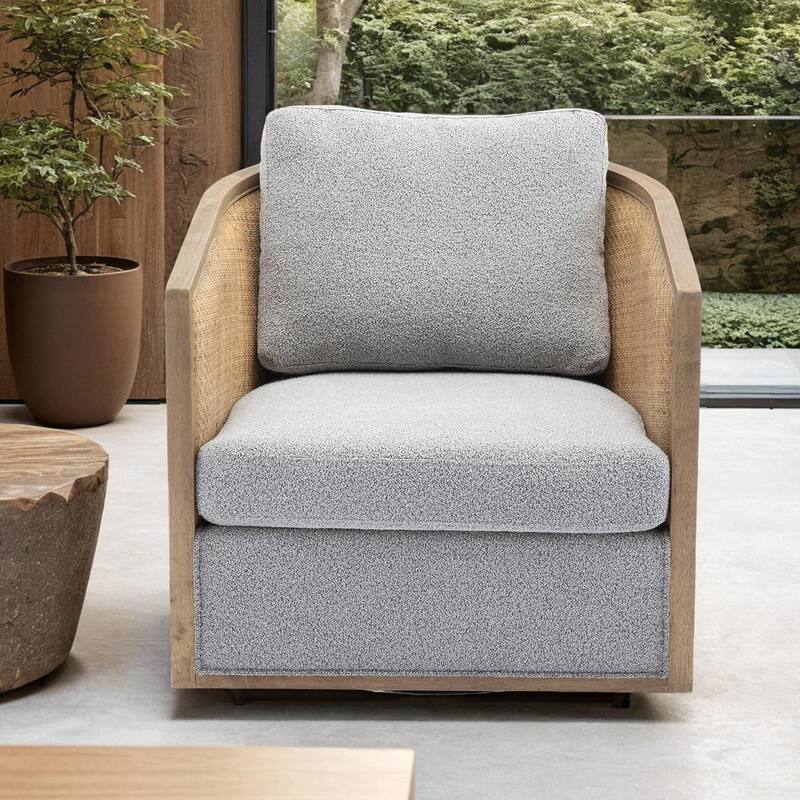 Swivel Barrel Chair with Rattan Design, Leather Accent Sofa Chair, Club Chair with Pillow, Leisure Arm Chair for Living Room