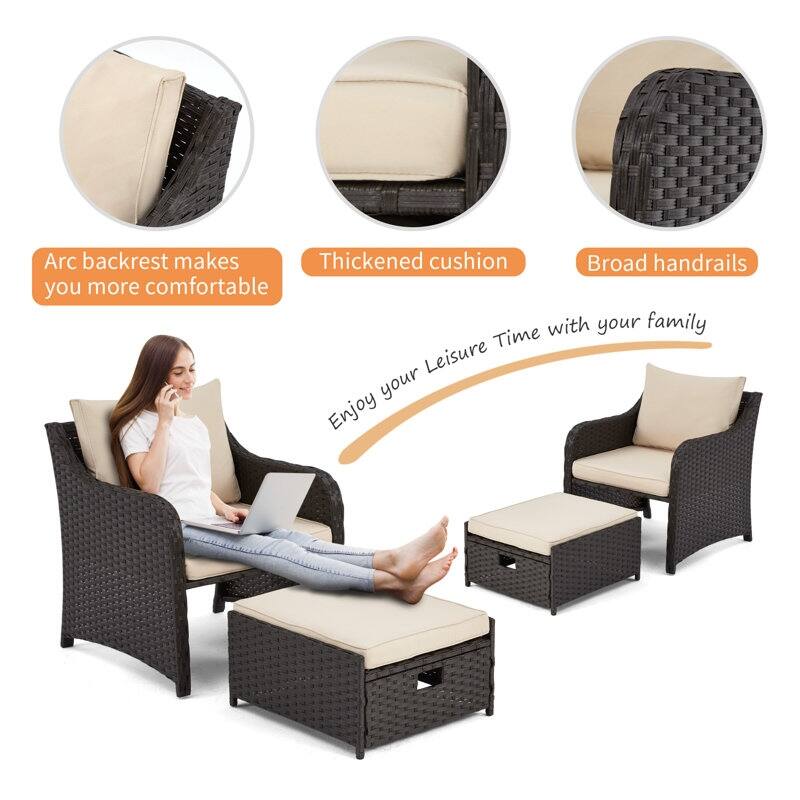 EROMMY 5-Piece Wicker Patio Furniture Set with Cushions - Rattan Chairs, Ottoman & Side Table for Balcony, Outdoor Lounge Set