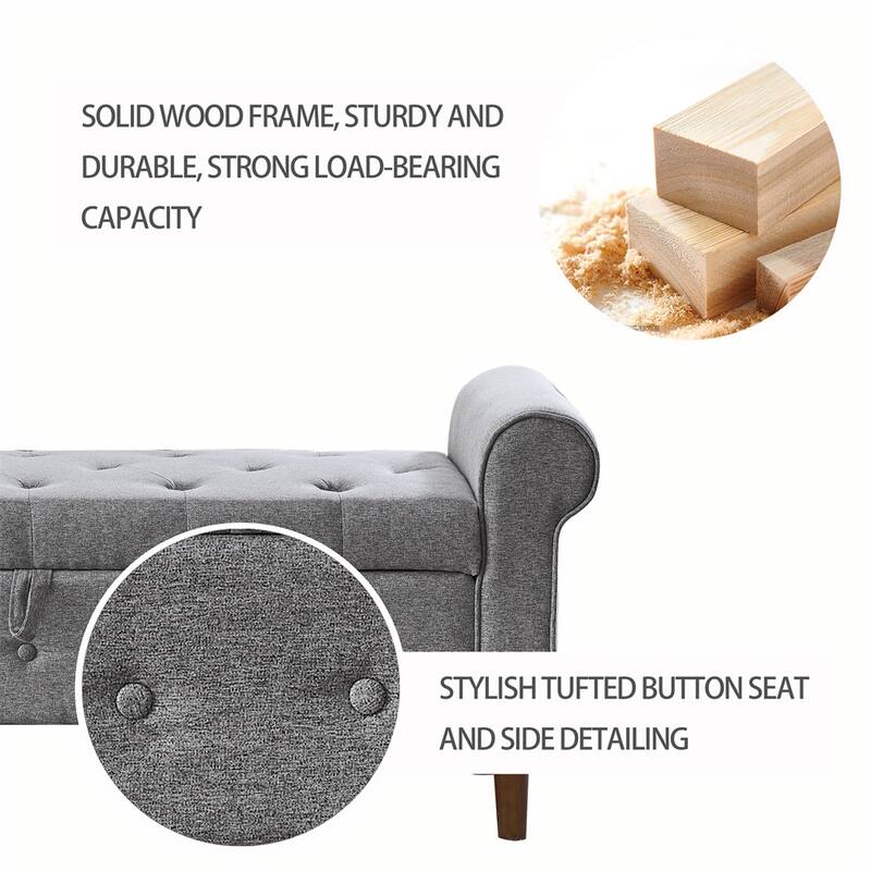 62" Bedroom Tufted Button Storage Bench, Linen Upholstered Ottoman