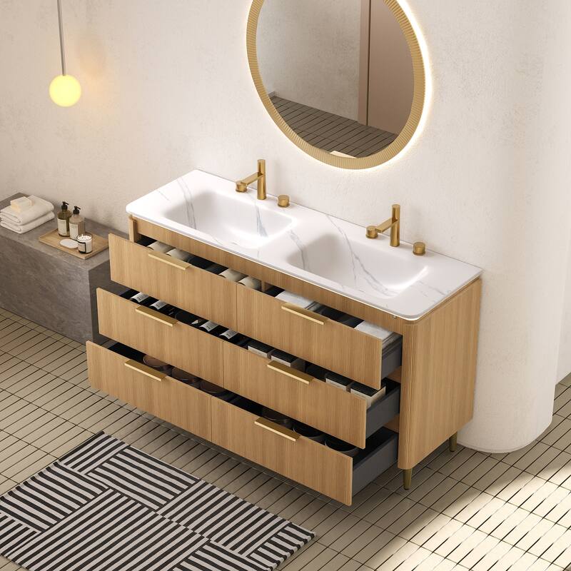60'' Freestanding Bathroom Vanity with Double Sintered Stone Basins - 59.84'' x 20.47'' x 34.69''