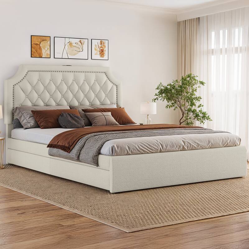 Moasis Velvet/Linen Upholstered Bedframe with Adjustable Headboard and 4 Storage Drawers