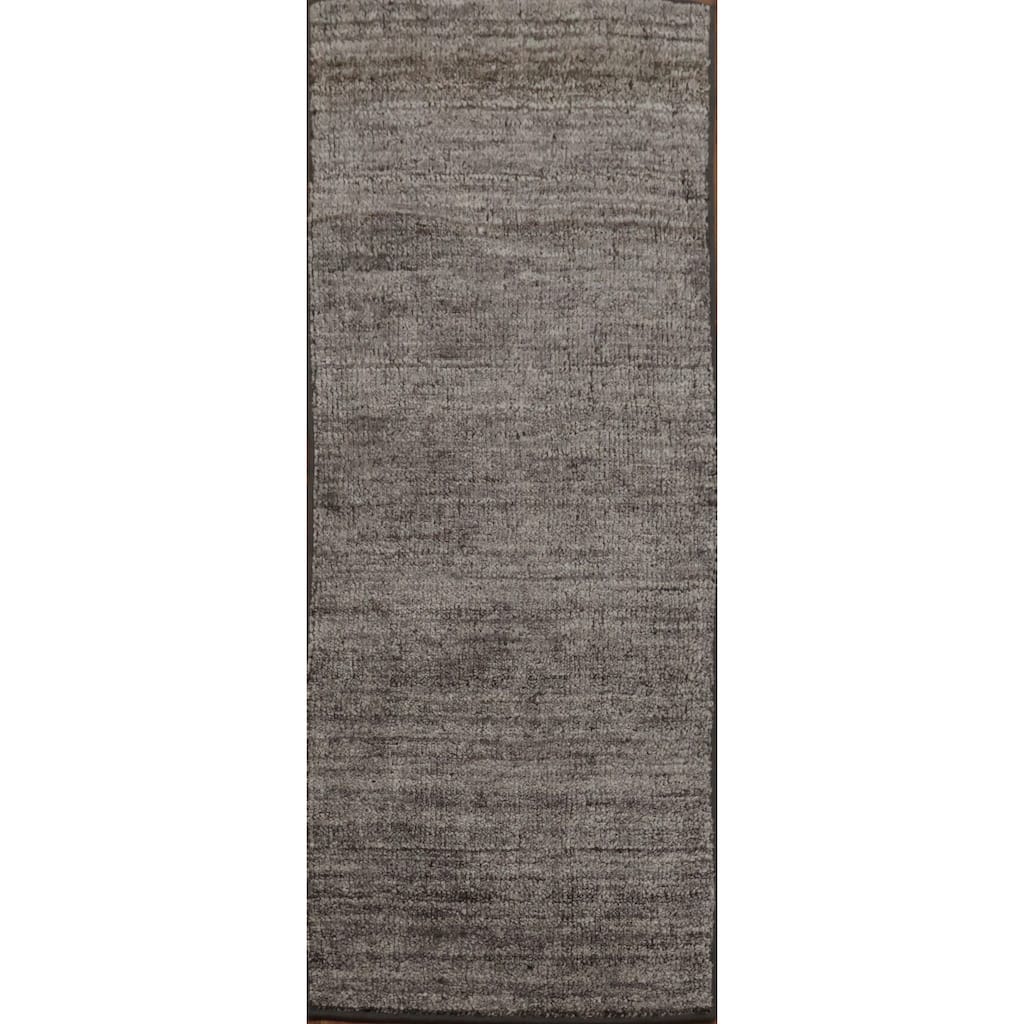 Hand Knotted Oriental 100% Wool Carpet Modern Solid Greys & Charcoal Gabbeh Runner Rug - 5' 0'' X 2' 0''