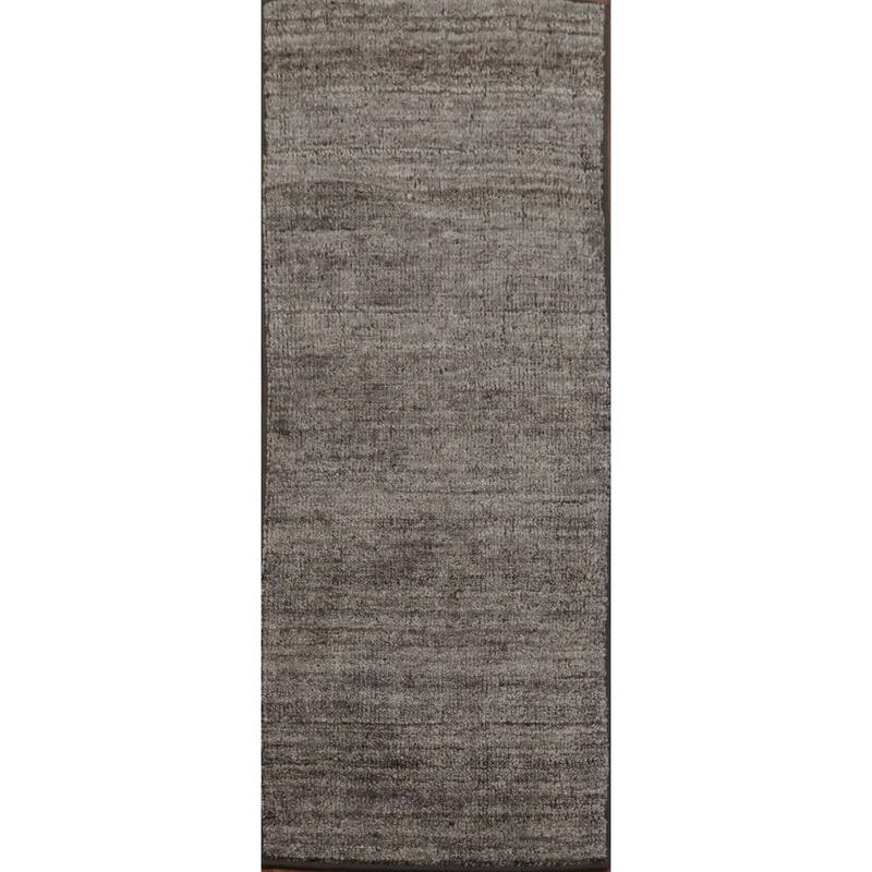 Hand Knotted Oriental 100% Wool Carpet Modern Solid Greys & Charcoal Gabbeh Runner Rug - 5' 0'' X 2' 0''