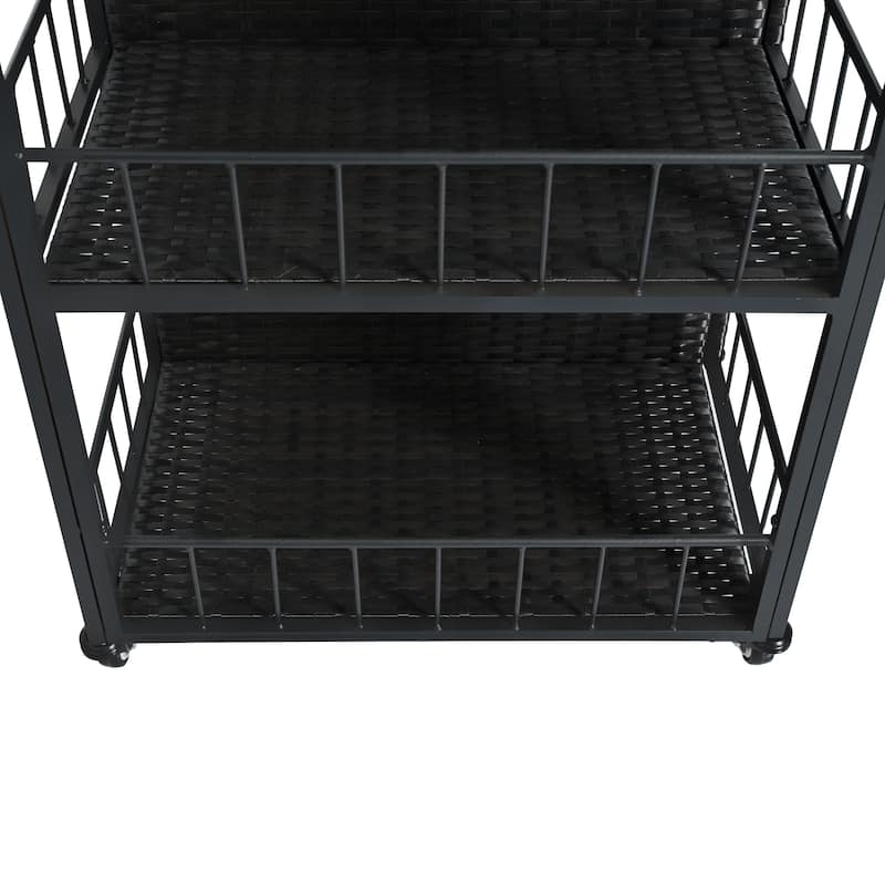 63.5" Outdoor Kitchen Island with Foldable Stainless Steel Tabletop, Outdoor Rattan Grill Cart with Open Shelves & Bottle Opener