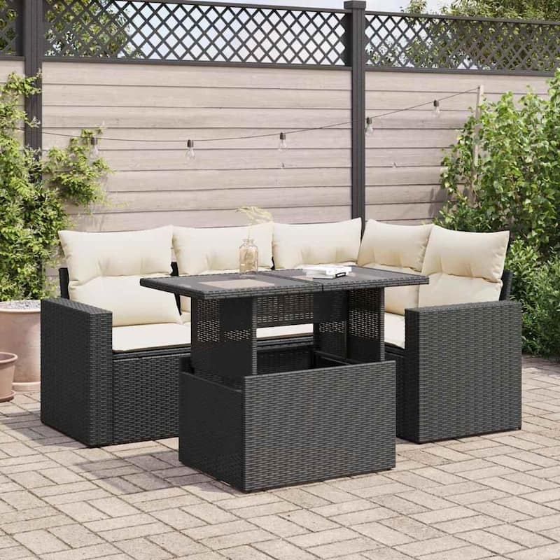 vidaXL Patio Sofa Set with Cushions Outdoor Furniture 5 Piece Poly Rattan - 21.7 x 39.4 x 28.7 in - Black and cream with storage