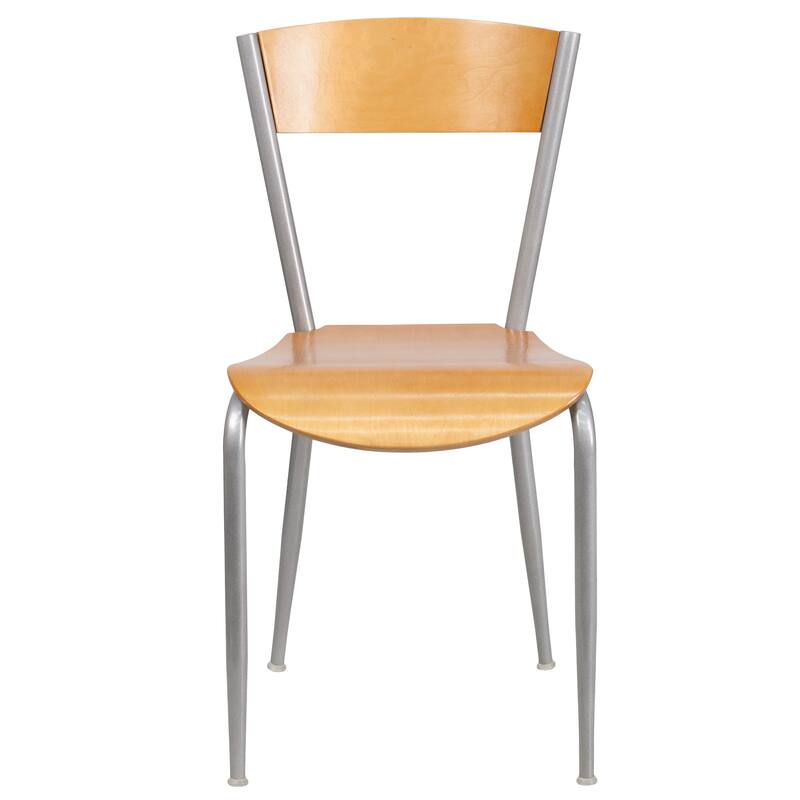 Silver Metal Restaurant Chair - Natural Wood Back & Seat - 16.75"W x 20"D x 32.25"H - 16.75"W x 20"D x 32.25"H