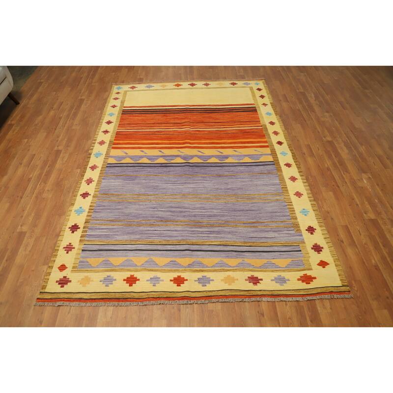 Hand Woven Oriental 100% Wool Carpet Southwestern Tribal Multi-Colored Kilim Area Rug - 9' 7'' X 6' 5''
