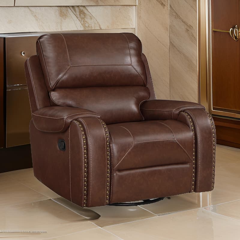 Dean 41 Inch Swivel Glider Manual Recliner Chair, Brown Faux Leather