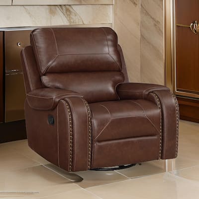 Dean 41 Inch Swivel Glider Manual Recliner Chair, Brown Faux Leather