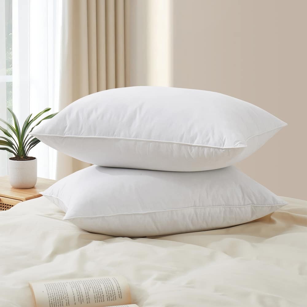2 Pack Medium Goose Feather Down Bed Pillows with Soft Cotton Cover - White