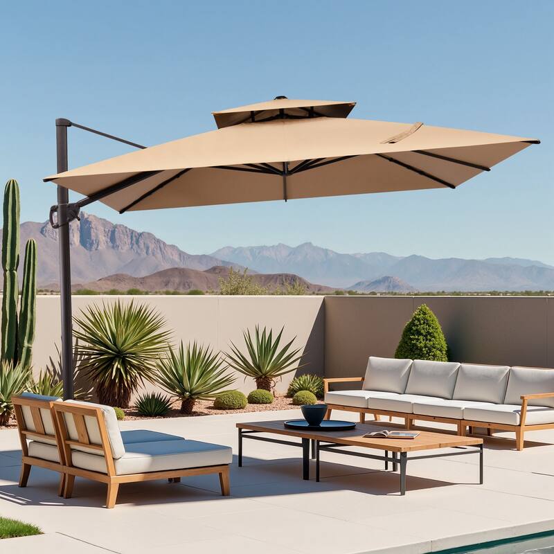 11 x 11 FT Outdoor Patio Cantilever Umbrella with Crank and 360 Degrees Rotation - Tan