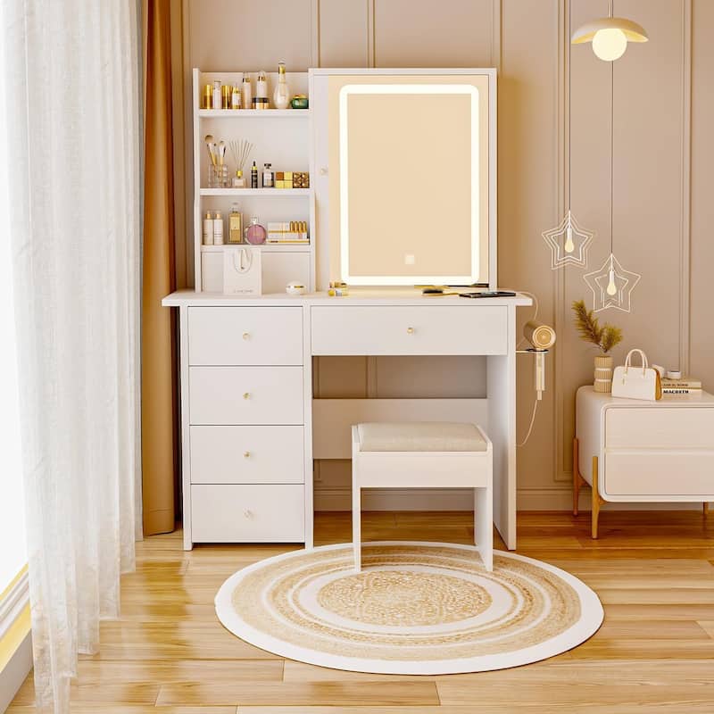 XINMICS Makeup Vanity Desk with Mirror and Lights & Charging Station
