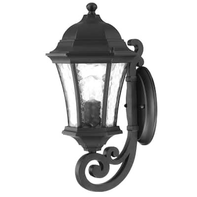 Matte Black Aluminum Outdoor Lantern Wall Light with Hammered Glass Hardwired LED - 9” x 8” x 16.5” (D x W x H)
