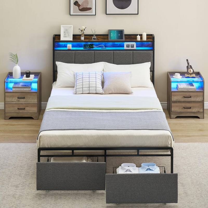 Bed Frame with Headboard and Storage Drawers