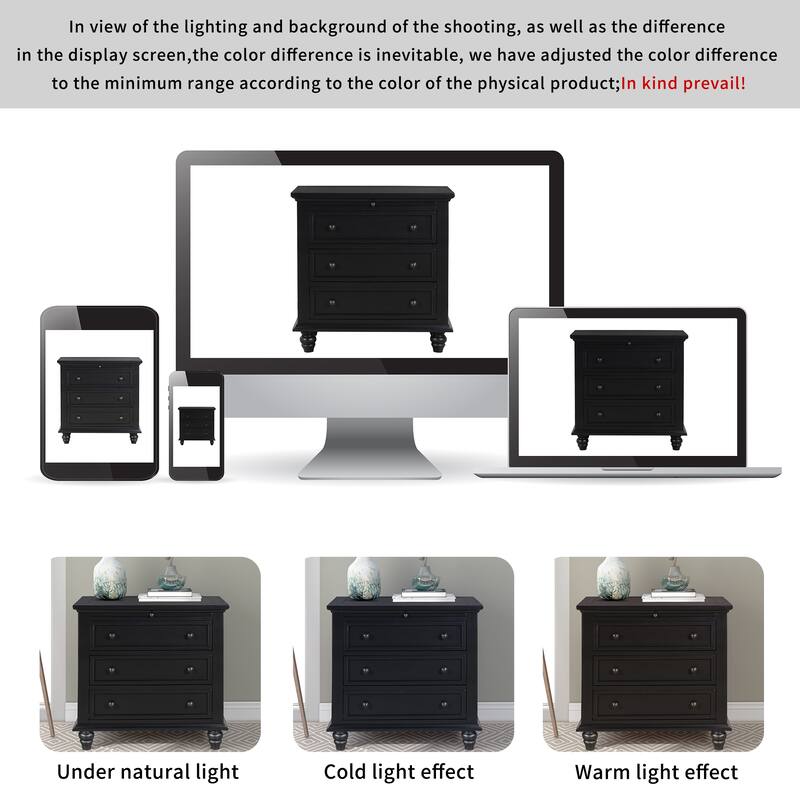 U_STYLE 28'' Painted Nightstand: 3 Drawers + Pull-Out Tray - Minimalist Design