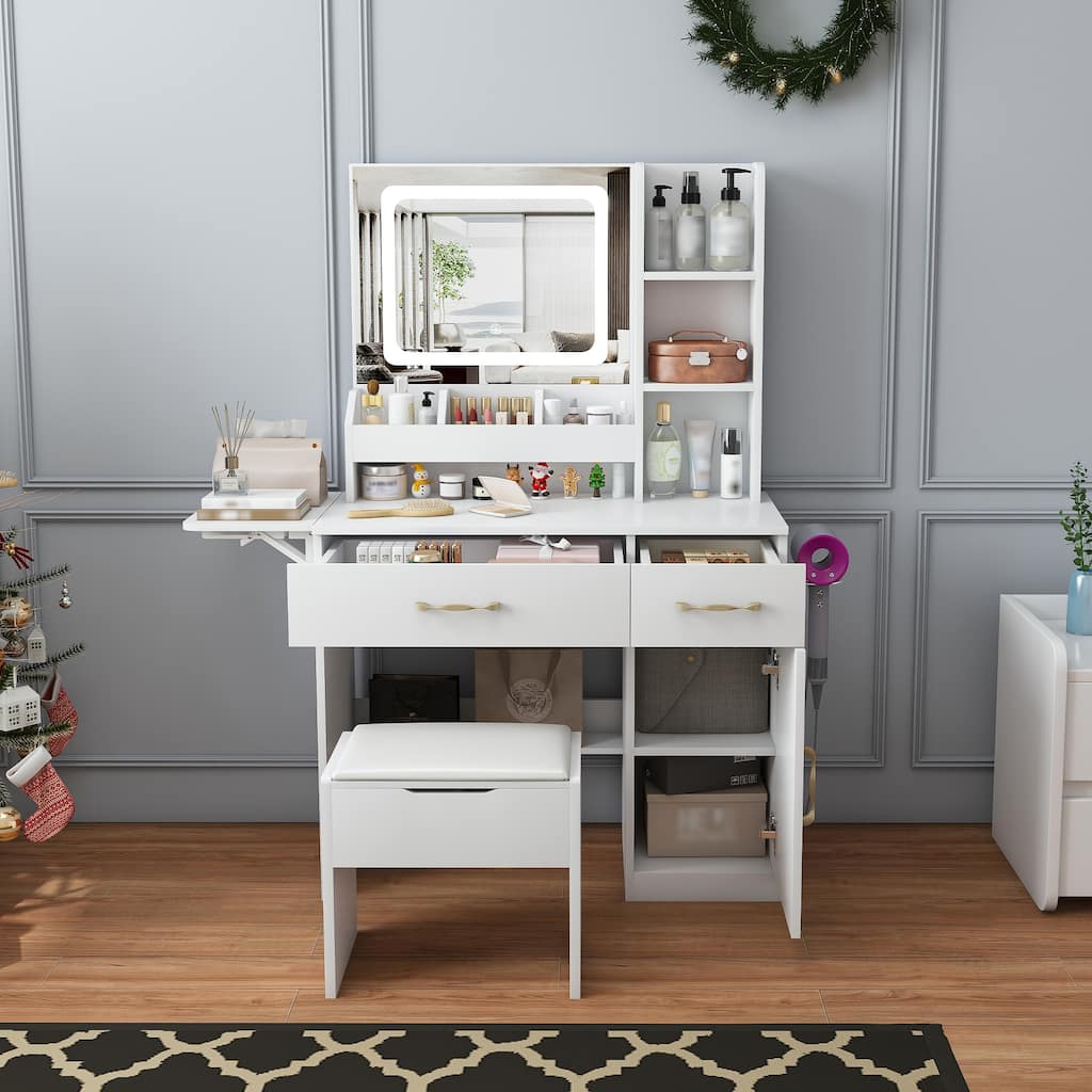 Anmytek Vanity Desk with LED Mirror Lights and Power Outlet - 3 Drawers, 7 Shelves and Storage Stool