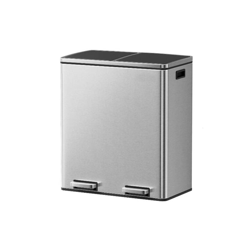 Stainless Steel Dual Compartment Trash Can with Soft-Close Lid Foot Pedal and Removable Inner Buckets - Silver